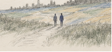 Two people standing together, present with each other