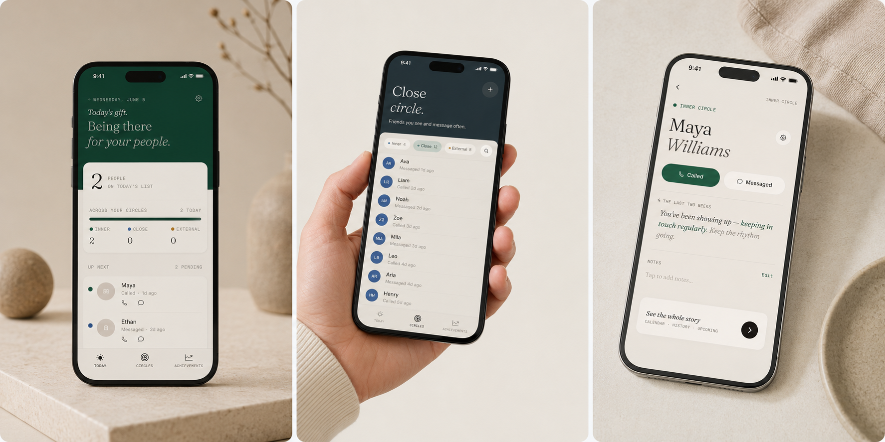 Circles app, Today, your circles, and a person's story
